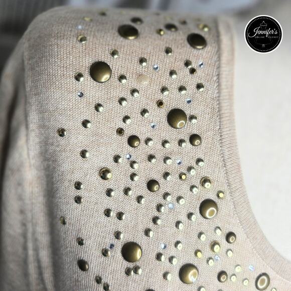 Adrienne Vittadini Tan Silk Blend Gold Studded Short Sleeve Sweater Size L - Picture 6 of 10